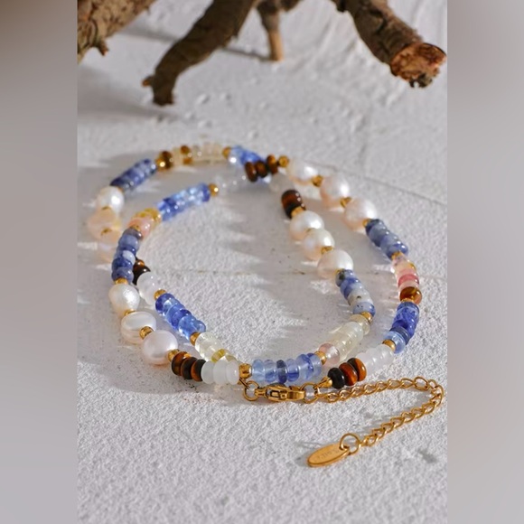 18K Gold Plated Gemstone Necklace*Lapis Lazuli*Freshwater Pearls*Tourmaline* - Picture 6 of 8